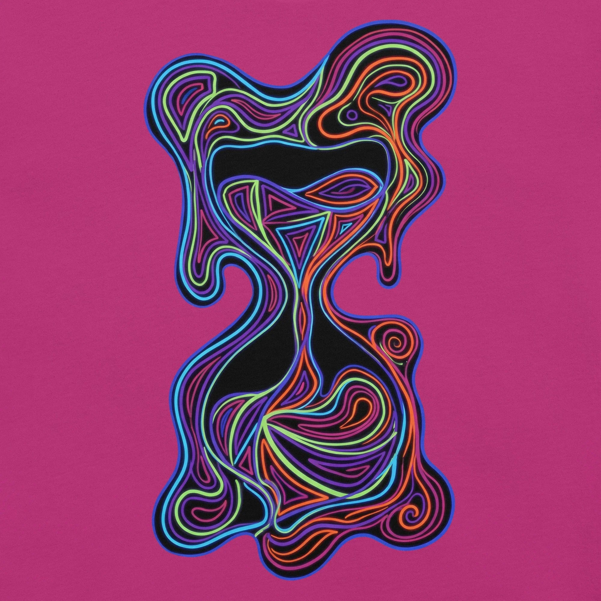 Psychedelic hourglass design with vibrant neon swirls in blue, green, orange, purple on berry t-shirt