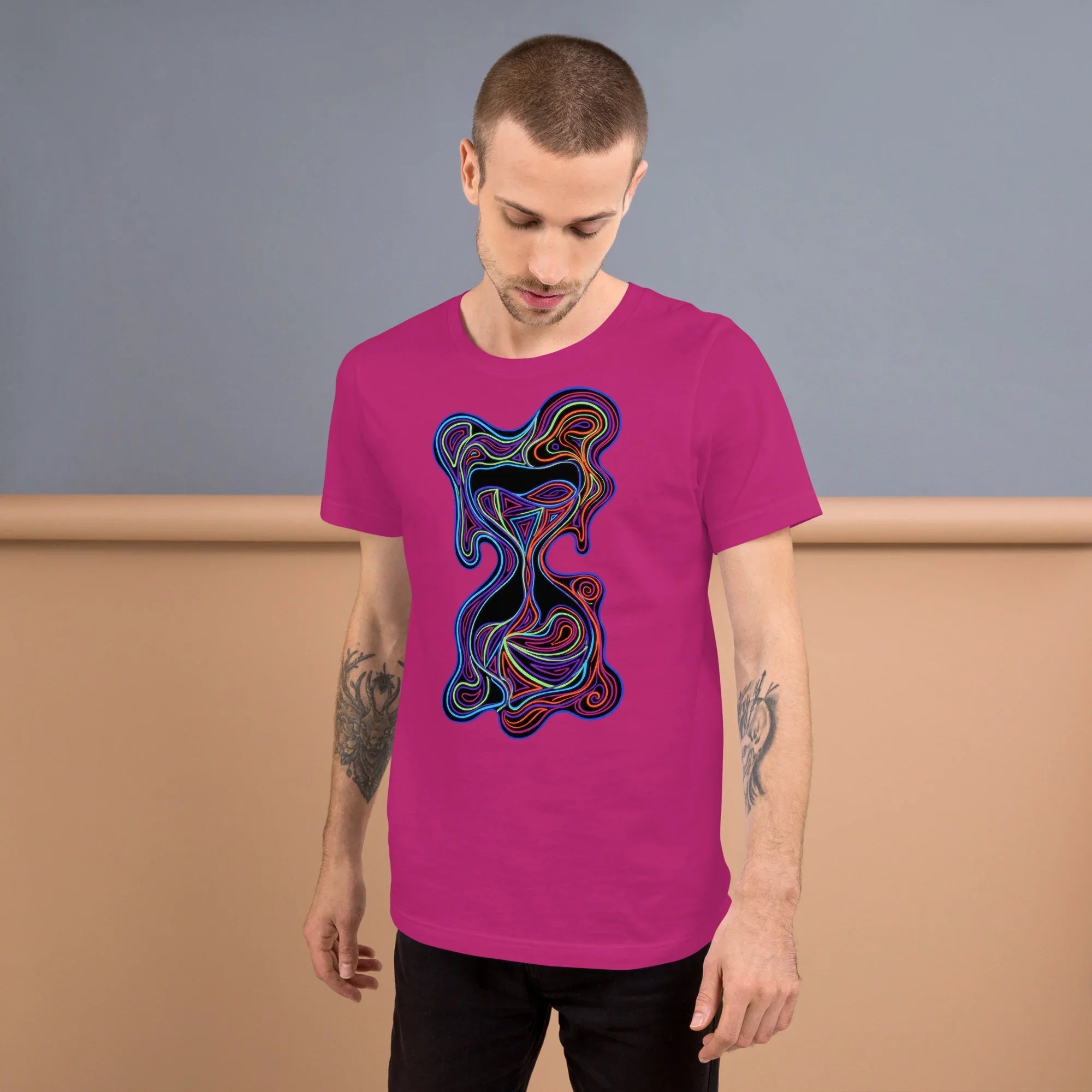 Male model wearing vibrant berry unisex T-shirt with colorful psychedelic abstract design