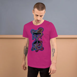 Male model wearing vibrant berry unisex T-shirt with colorful psychedelic abstract design