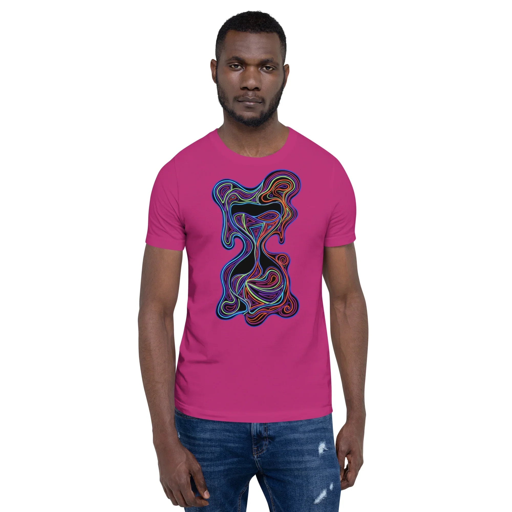 Man wearing berry-colored unisex staple t-shirt with colorful abstract neon line art design