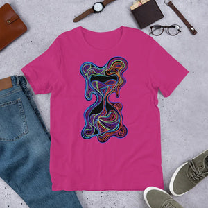 Berry pink unisex t-shirt with vibrant psychedelic multicolor abstract design, paired with jeans and accessories