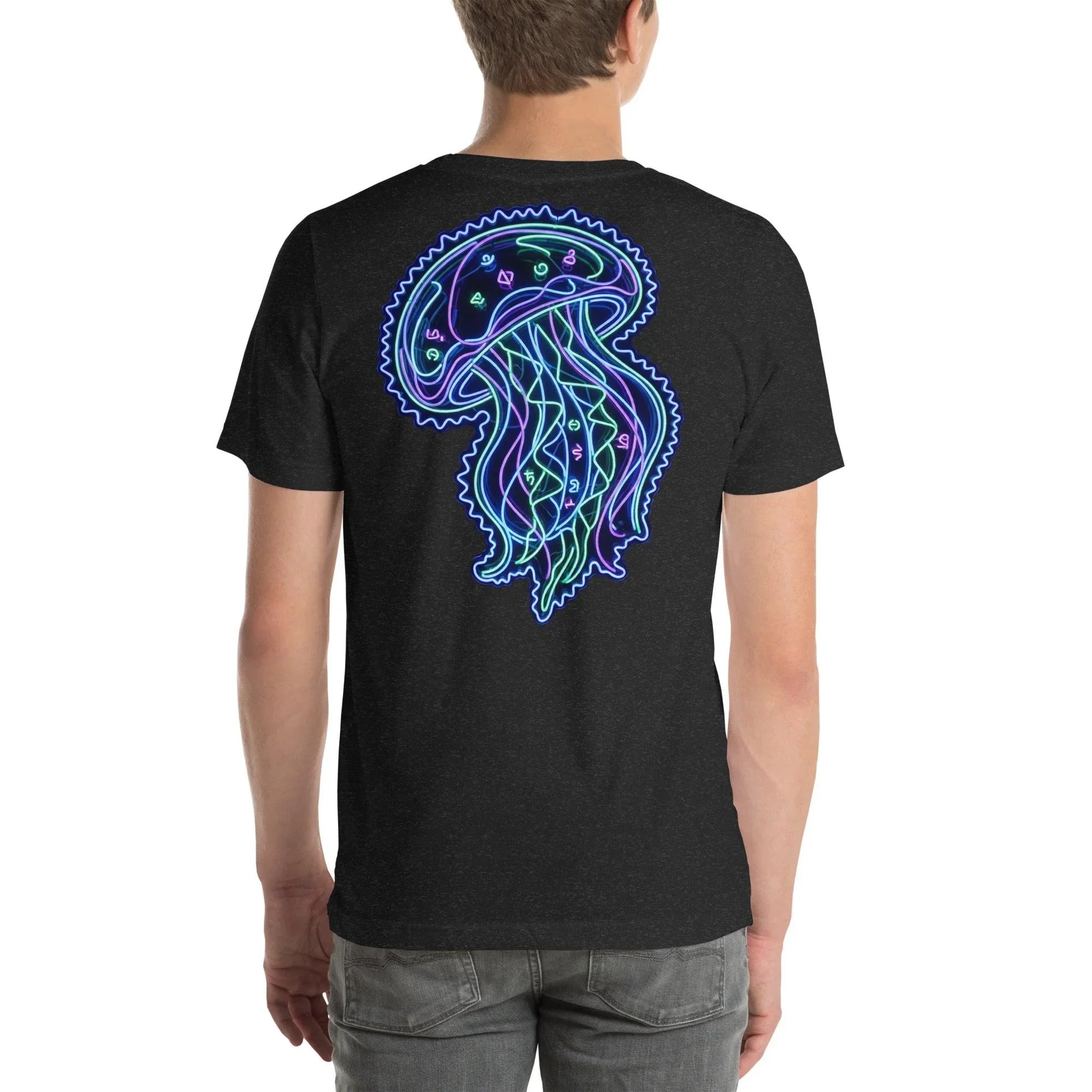 Back view of unisex black heather t-shirt featuring bright neon jellyfish psychedelic art design