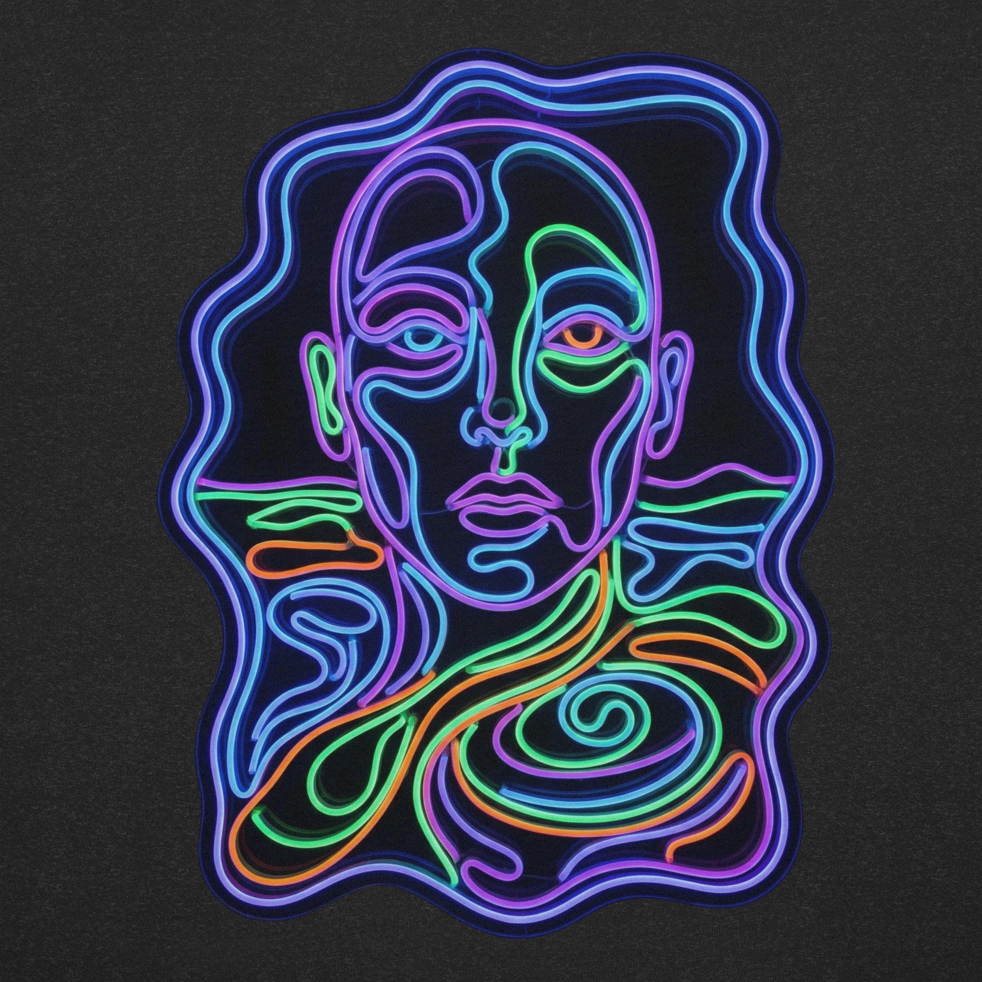Neon psychedelic illustration of a stylized human face with swirling colorful lines on black background