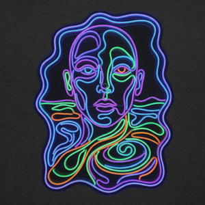 Neon psychedelic illustration of a stylized human face with swirling colorful lines on black background