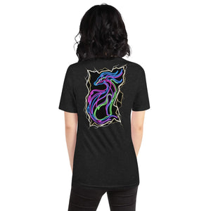 Back view of person wearing black heather unisex t-shirt with colorful neon dragon design and electric lightning effect