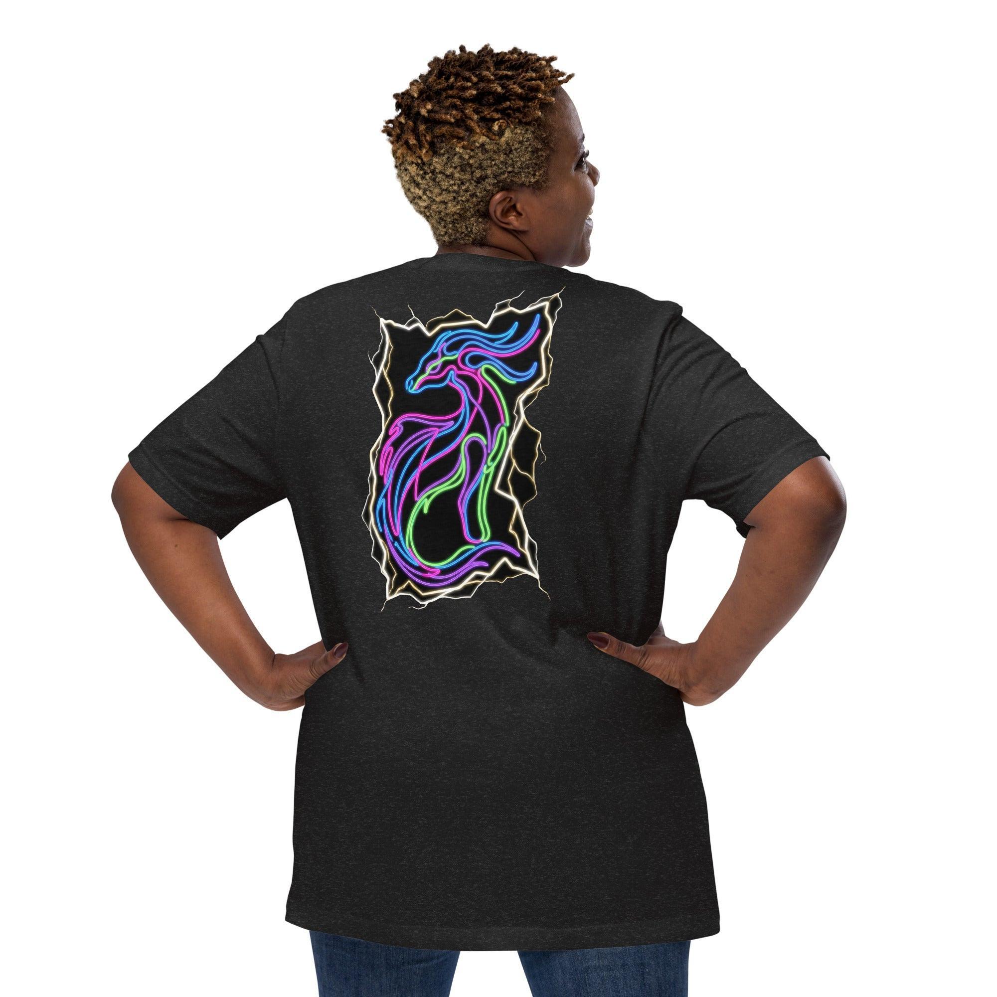 Black heather unisex t-shirt with vibrant neon psychedelic dragon design on the back, modeled against white background