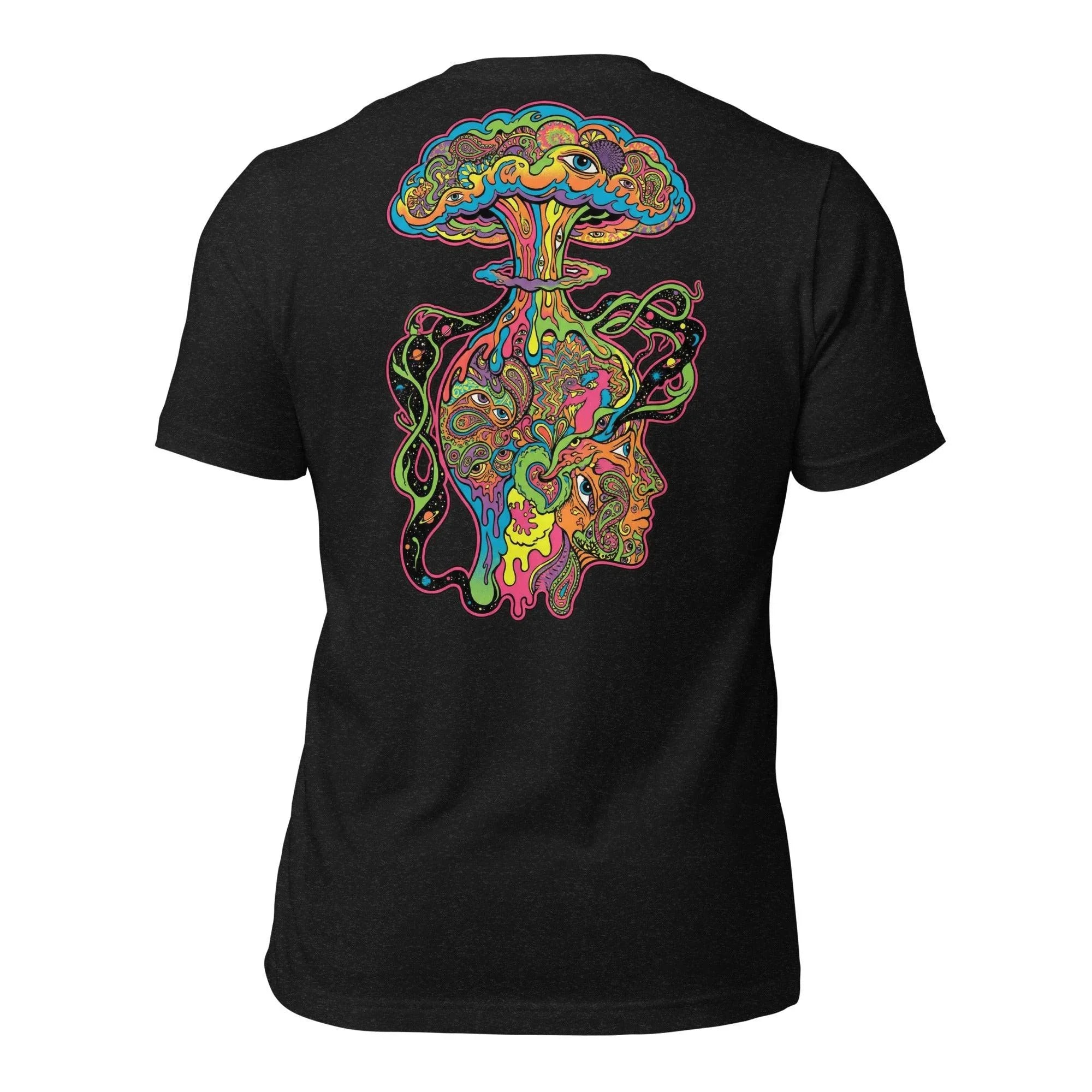 Black heather unisex t-shirt with vibrant psychedelic artwork of a colorful mushroom cloud and intricate faces, eyes, and abstract patterns on the back