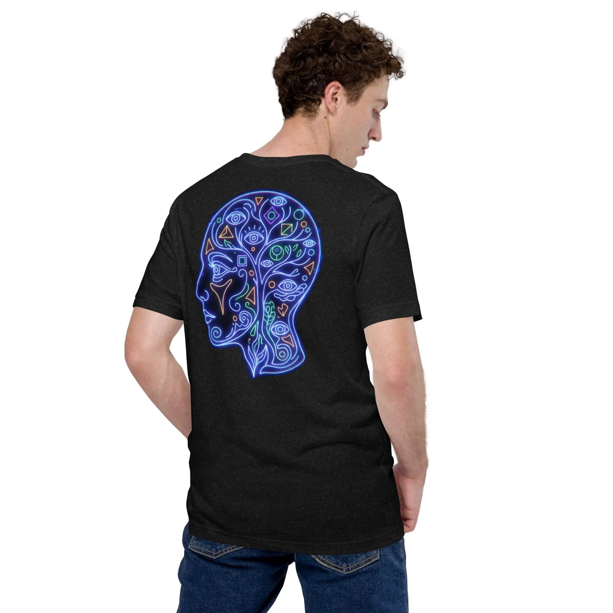 Man wearing black heather unisex tee with neon psychedelic brain and eyes design on back