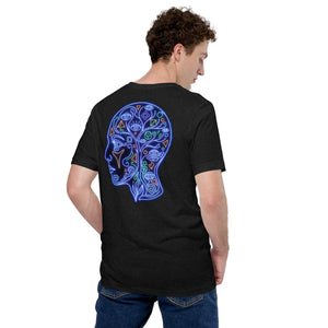Man wearing black heather unisex tee with neon psychedelic brain and eyes design on back