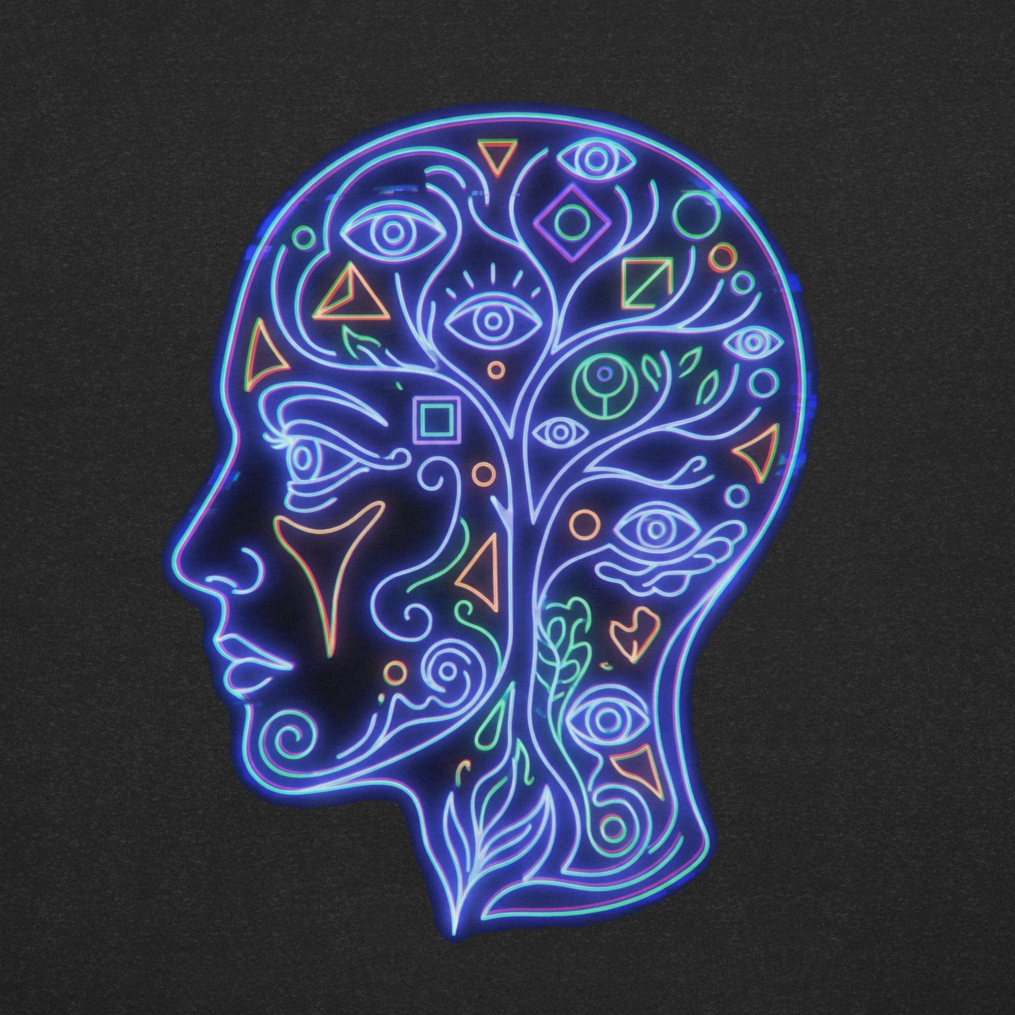 Neon psychedelic design of a human head silhouette filled with eyes and geometric shapes on black fabric