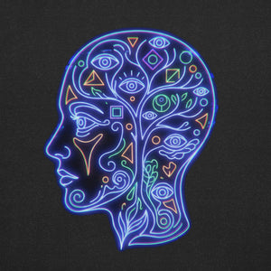 Neon psychedelic design of a human head silhouette filled with eyes and geometric shapes on black fabric