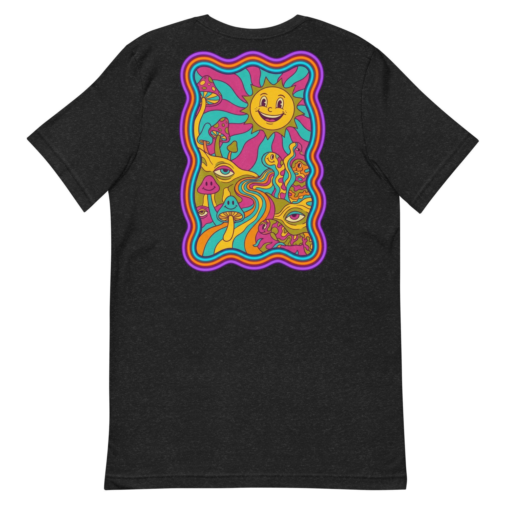 Black heather unisex t-shirt with colorful psychedelic art of smiling sun, mushrooms, and abstract eyes