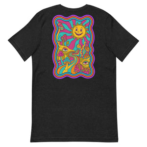 Black heather unisex t-shirt with colorful psychedelic art of smiling sun, mushrooms, and abstract eyes