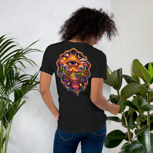 Woman wearing black heather unisex staple t-shirt with vibrant psychedelic eye and nature design on back