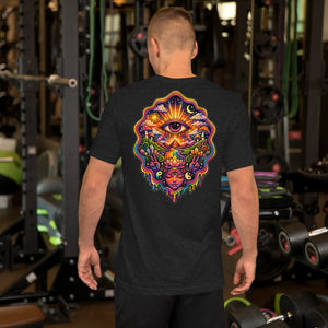 Man wearing black heather unisex t-shirt with colorful psychedelic back design, featuring an all-seeing eye, lotus, yin yang, and cosmic elements in gym