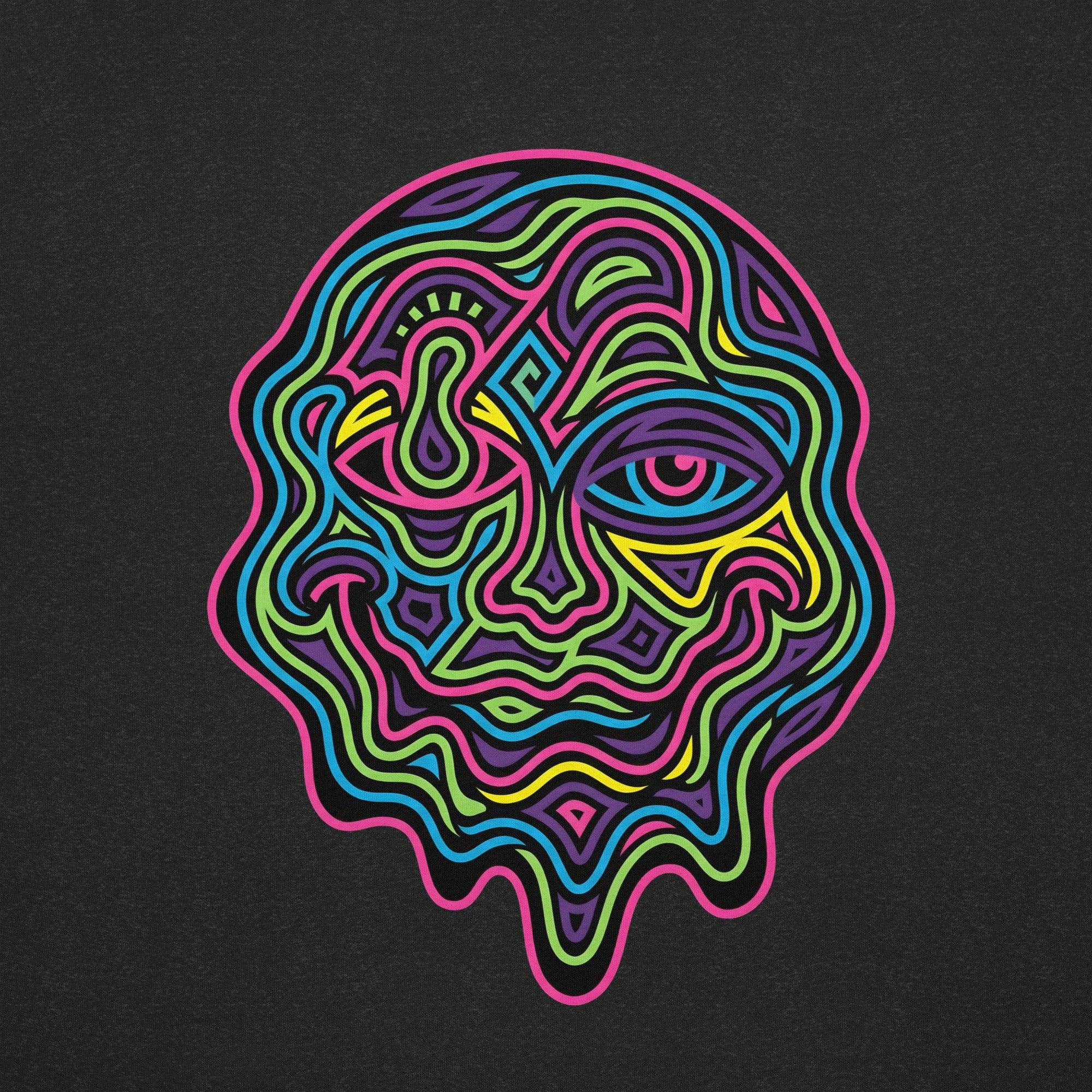Colorful psychedelic abstract face design with neon wavy lines on black heather t-shirt