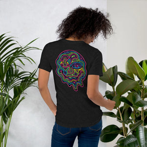 Woman wearing black heather unisex staple t-shirt with vibrant psychedelic neon abstract face design on back