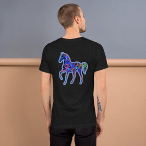 Man wearing black heather unisex T-shirt with colorful psychedelic neon horse design on back