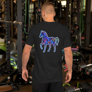 Man in gym wearing black heather T-shirt with vibrant psychedelic neon horse design on back