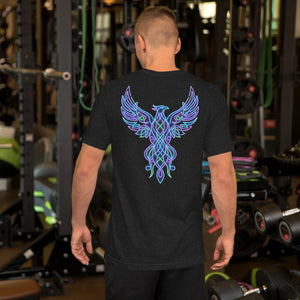 Man in gym wearing black heather unisex t-shirt with neon tribal phoenix design on back