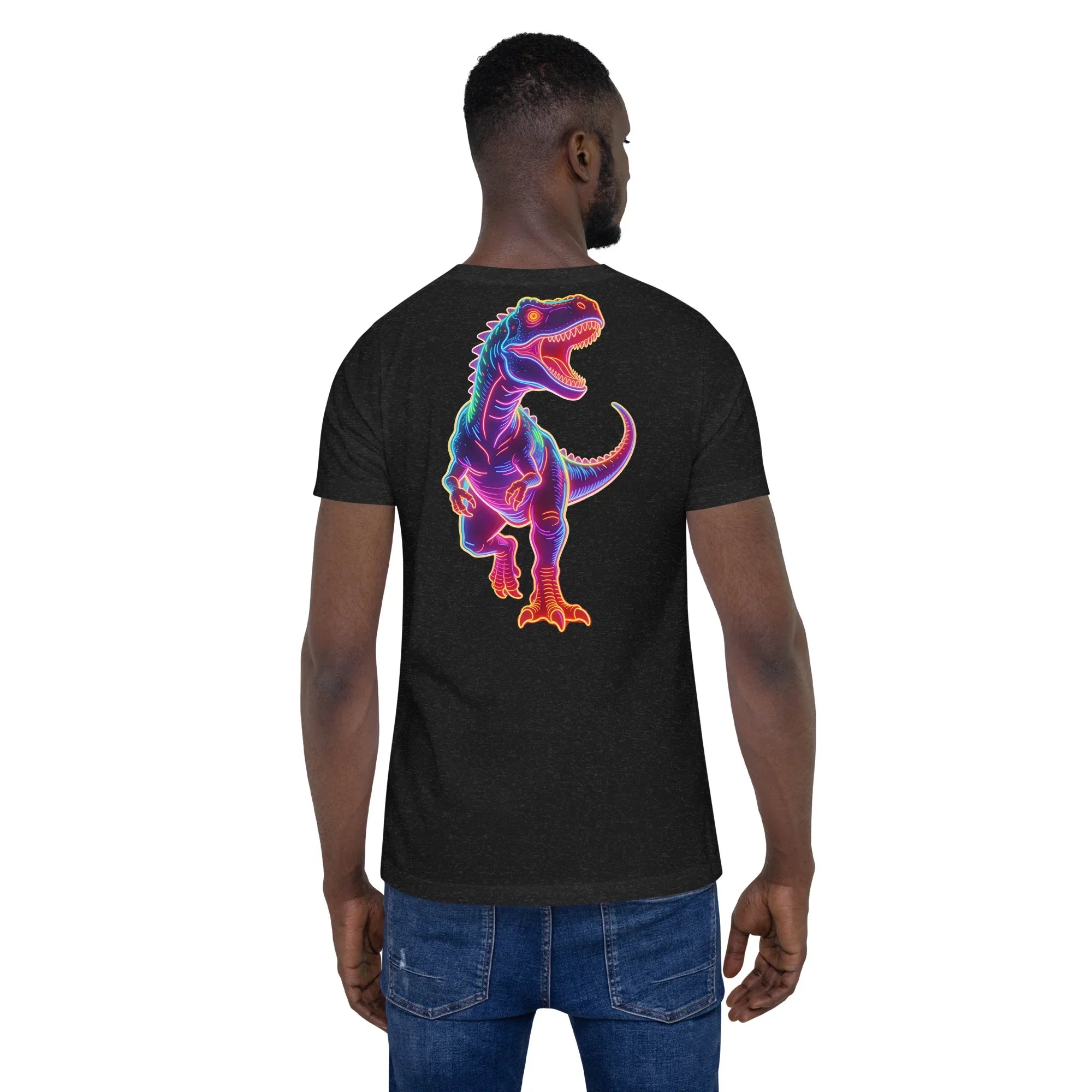 Man wearing black heather unisex t-shirt with neon colorful T-Rex dinosaur graphic on back