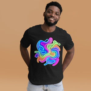 Smiling man wearing black t-shirt with vibrant neon psychedelic swirl design, standing against beige background