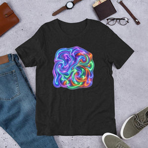 Black heather unisex t-shirt with vibrant neon psychedelic swirl design styled with blue jeans, wristwatch, glasses, wallet, and sneakers