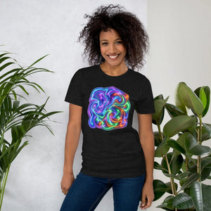 Smiling woman wearing black unisex staple t-shirt with vibrant psychedelic neon swirl design, indoor with plants