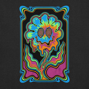 Psychedelic neon art of a colorful melting flower with spiral eyes on black background, vibrant streetwear design
