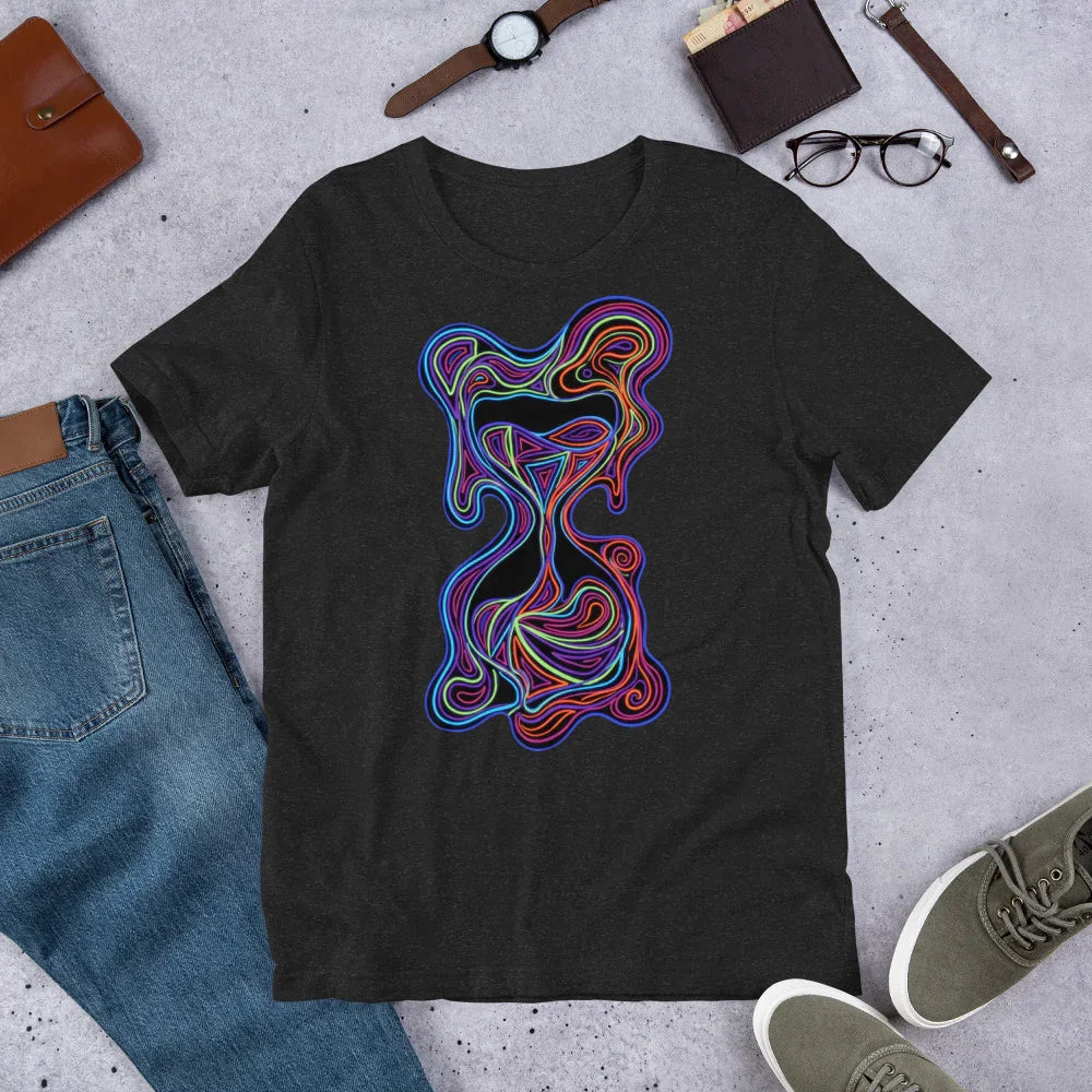 Black unisex t-shirt with vibrant neon psychedelic abstract design, styled with jeans and accessories