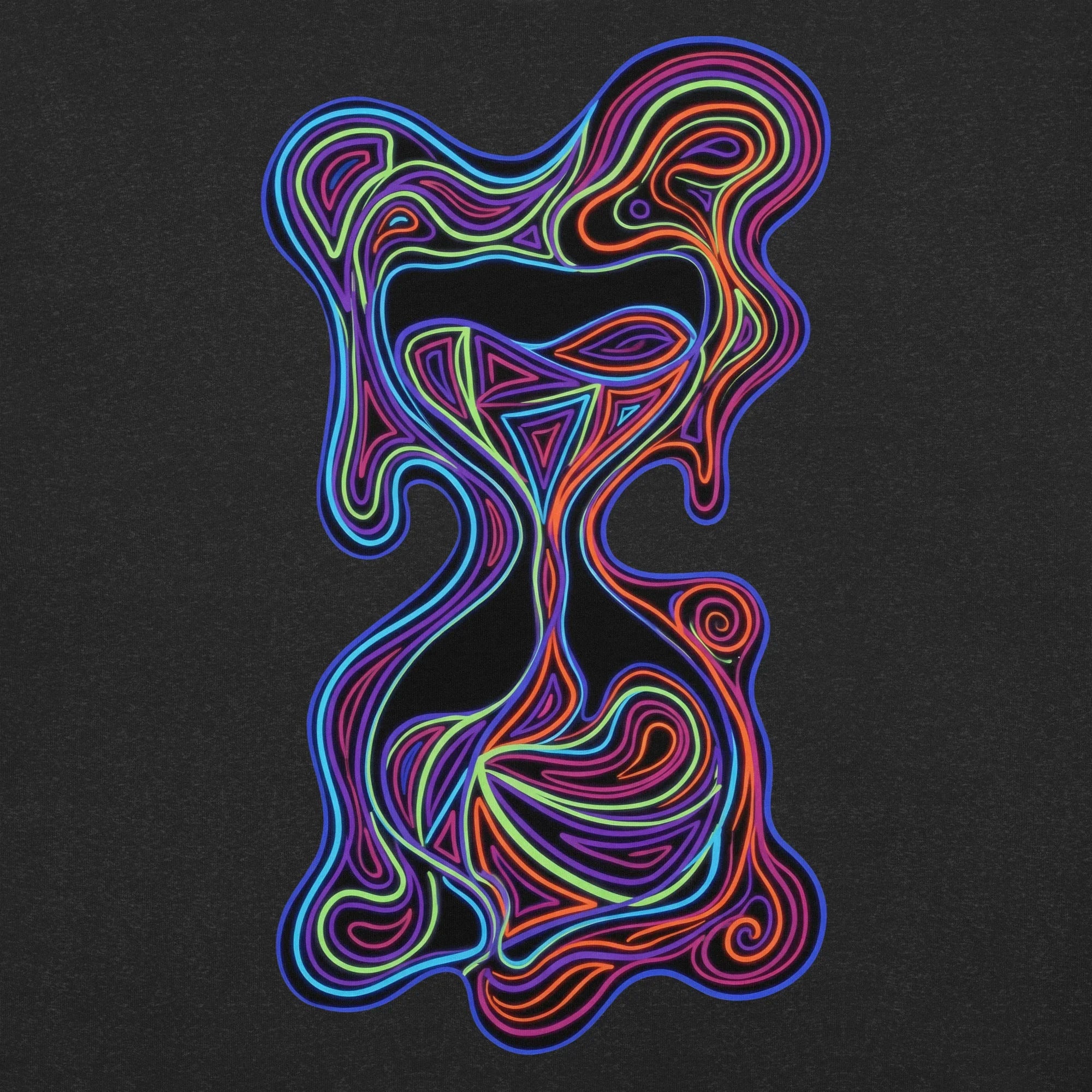 Black heather unisex t-shirt with colorful neon psychedelic hourglass design