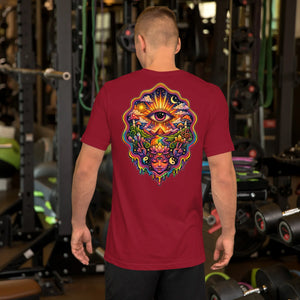Man in gym wearing cardinal red t-shirt with vibrant psychedelic all-seeing eye and cosmic art design