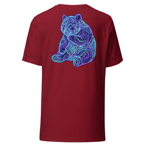 Cardinal red unisex t-shirt with neon blue and purple psychedelic bear graphic on back