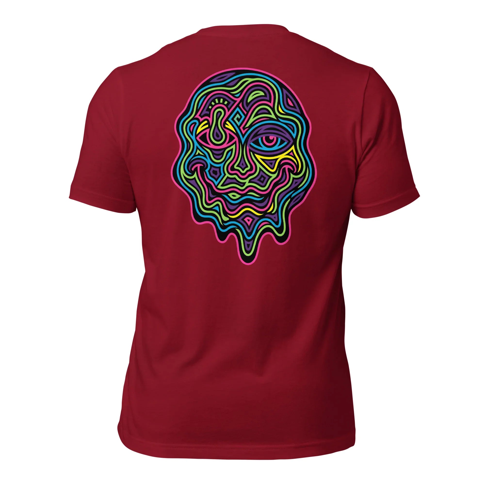 Cardinal red unisex t-shirt with vibrant psychedelic neon face design on back