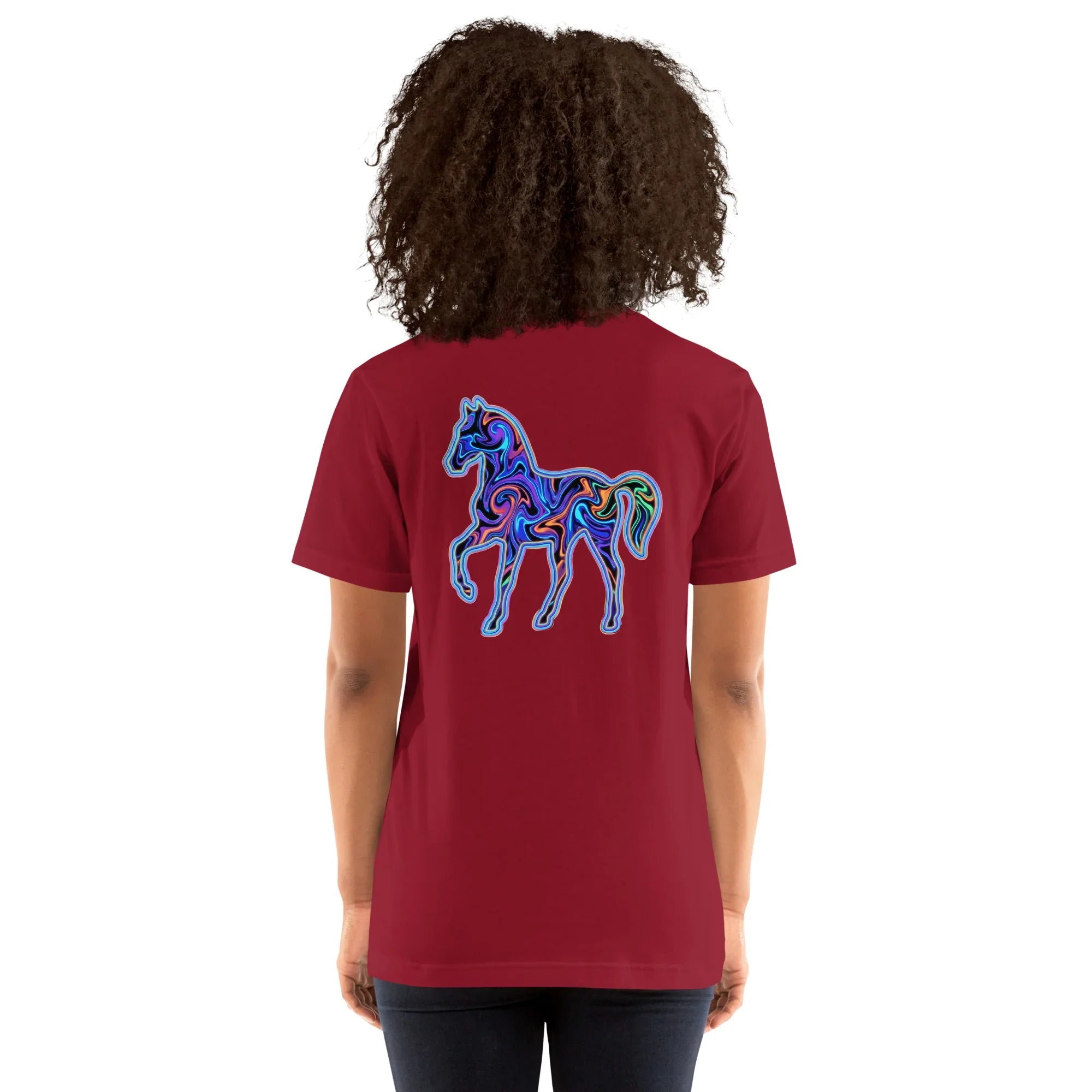 Back view of person wearing cardinal red t-shirt with vibrant psychedelic horse art design in blue and neon colors