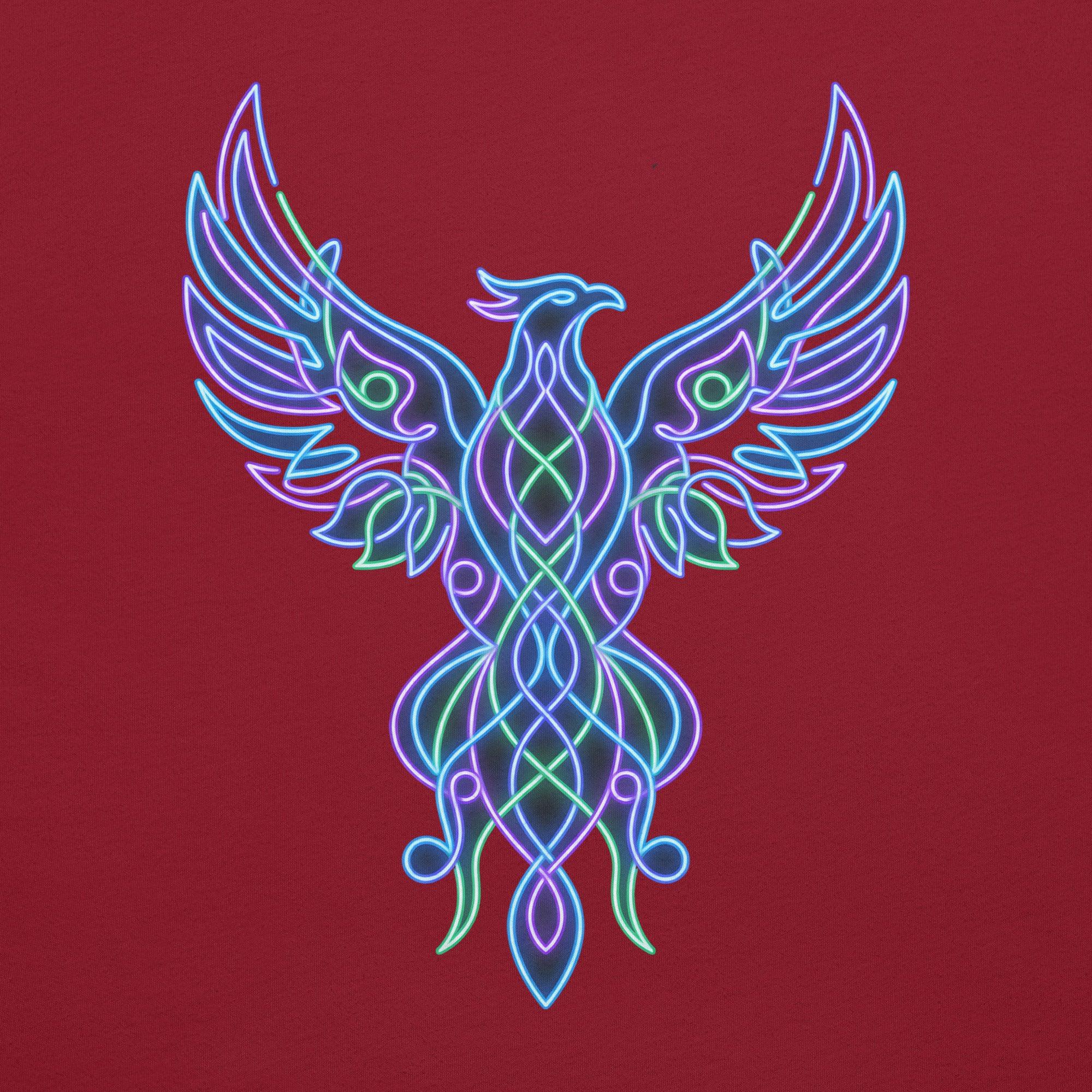 Neon-style psychedelic phoenix design in blue, purple, and green on cardinal red T-shirt fabric