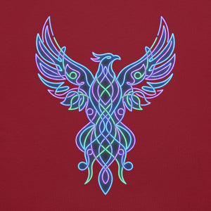 Neon-style psychedelic phoenix design in blue, purple, and green on cardinal red T-shirt fabric