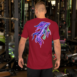 Man in gym wearing cardinal red t-shirt with neon psychedelic squid art print on the back