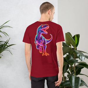 Man wearing cardinal red t-shirt with neon dinosaur graphic on back, standing indoors near plants