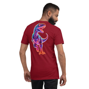 Man wearing cardinal red unisex T-shirt with vibrant neon dinosaur graphic on back
