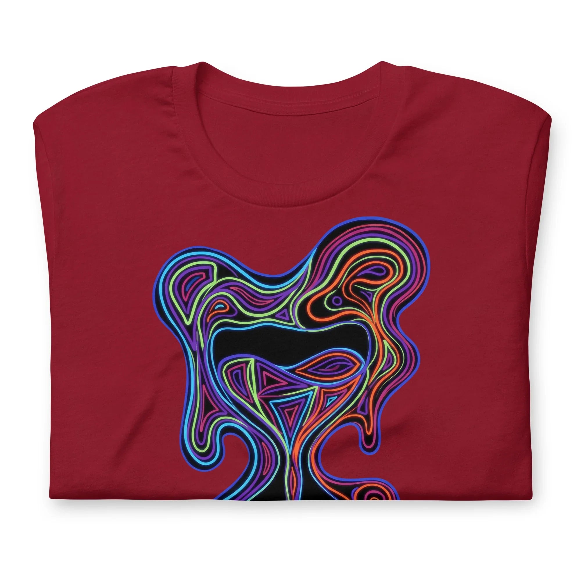 Cardinal red unisex staple t-shirt featuring a vibrant psychedelic neon abstract bear face design