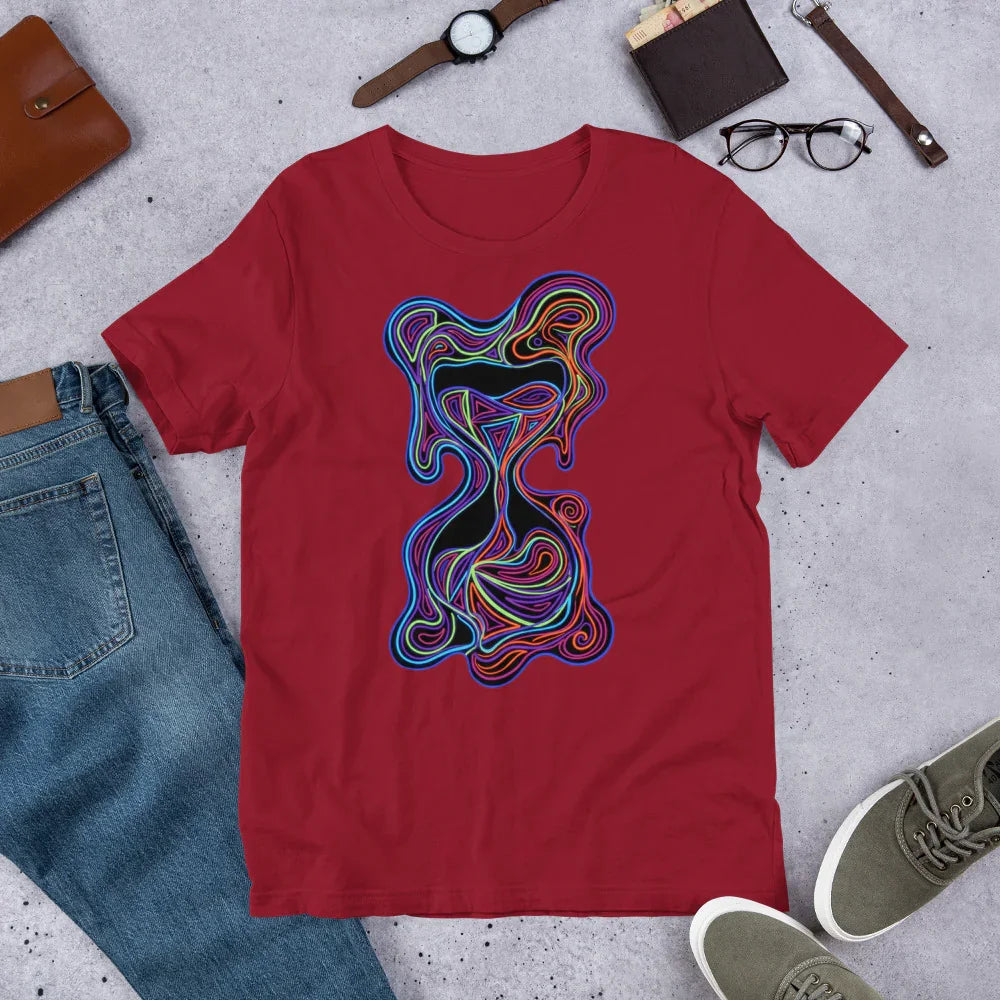Cardinal red unisex T-shirt with neon psychedelic abstract art, styled with jeans, watch, wallet, glasses, and sneakers