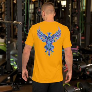 Man in gym wearing gold unisex t-shirt with vibrant neon blue and purple phoenix design on back