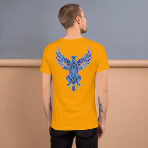 Man wearing a gold unisex t-shirt with a vibrant neon blue and purple psychedelic phoenix design on the back
