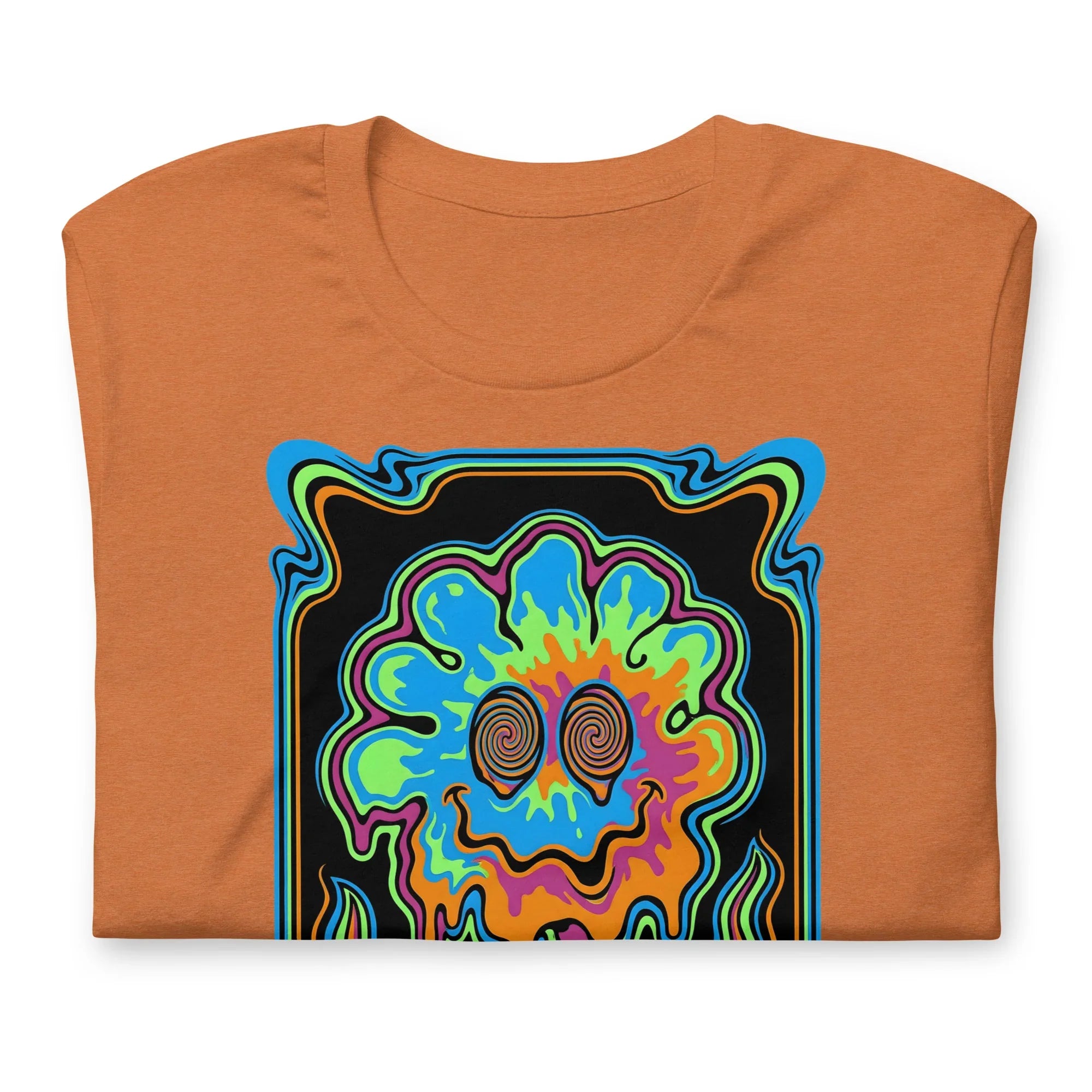 Heather autumn unisex staple t-shirt featuring vibrant psychedelic melting flower design with spiral eyes