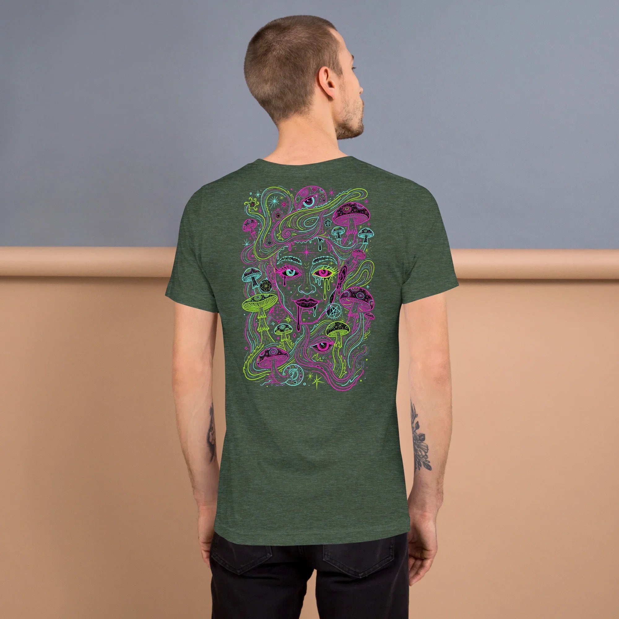 Heather forest unisex t-shirt with neon psychedelic mushroom and surreal face art on back