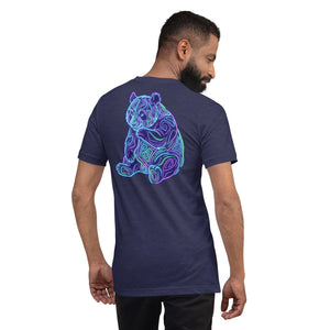 Man wearing midnight navy unisex T-shirt with bright neon psychedelic panda design on back