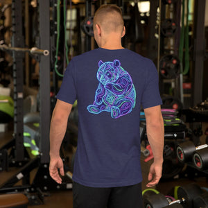 Man in gym wearing navy unisex t-shirt with colorful neon psychedelic bear design on back