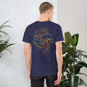 Back view of man wearing midnight navy unisex t-shirt with colorful psychedelic abstract face art design