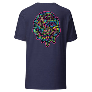 Back view of unisex midnight navy t-shirt with colorful neon psychedelic face design
